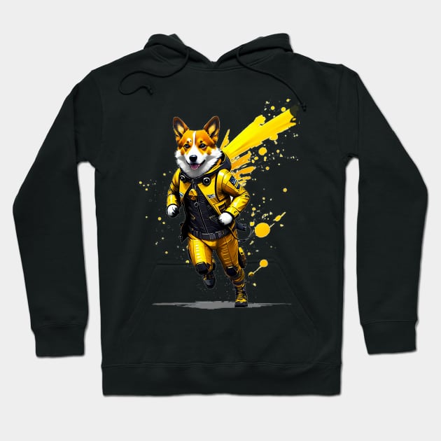 Speedy Corgi Racer in Bright Yellow Racing Suit Hoodie by fur-niche